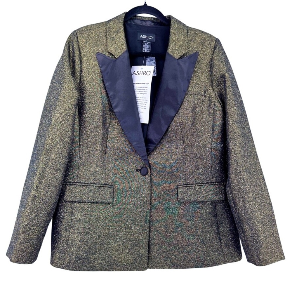 Ashro Gold Metallic Blazer Tuxedo Jacket Black‎ Peak Lapel Womens 14 NWT Luxury